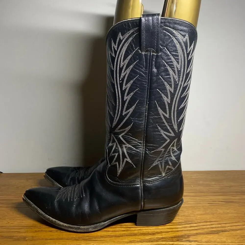 Vintage Nocona Mens 8.5 D Black Leather Western Cowboy Boots White Pointed Toe